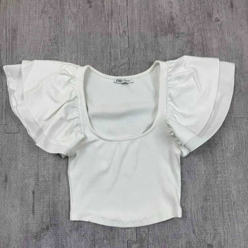 Zara Cloud Dancer Flutter Sleeve Scoop Neck Ribbed Crop Top Sz S Resort Coastal